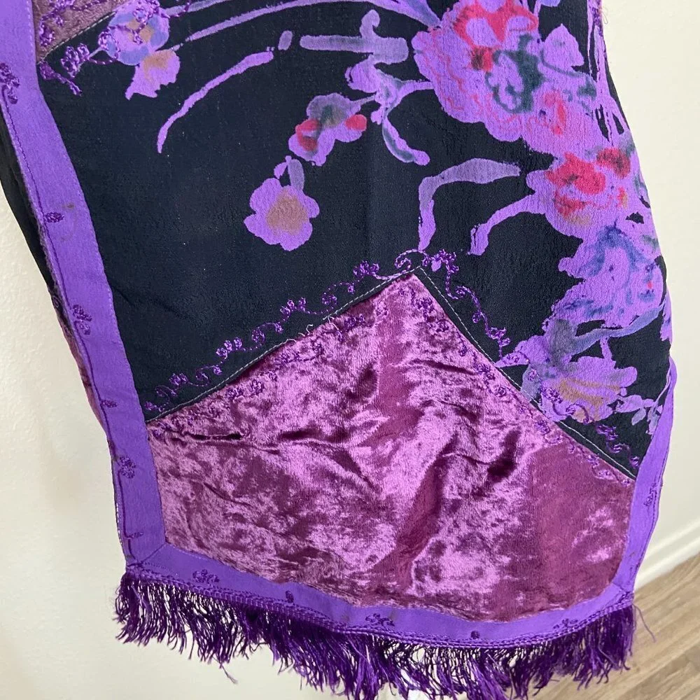 Vintage Patchwork Scarf Reversible 100% Rayon Fringe